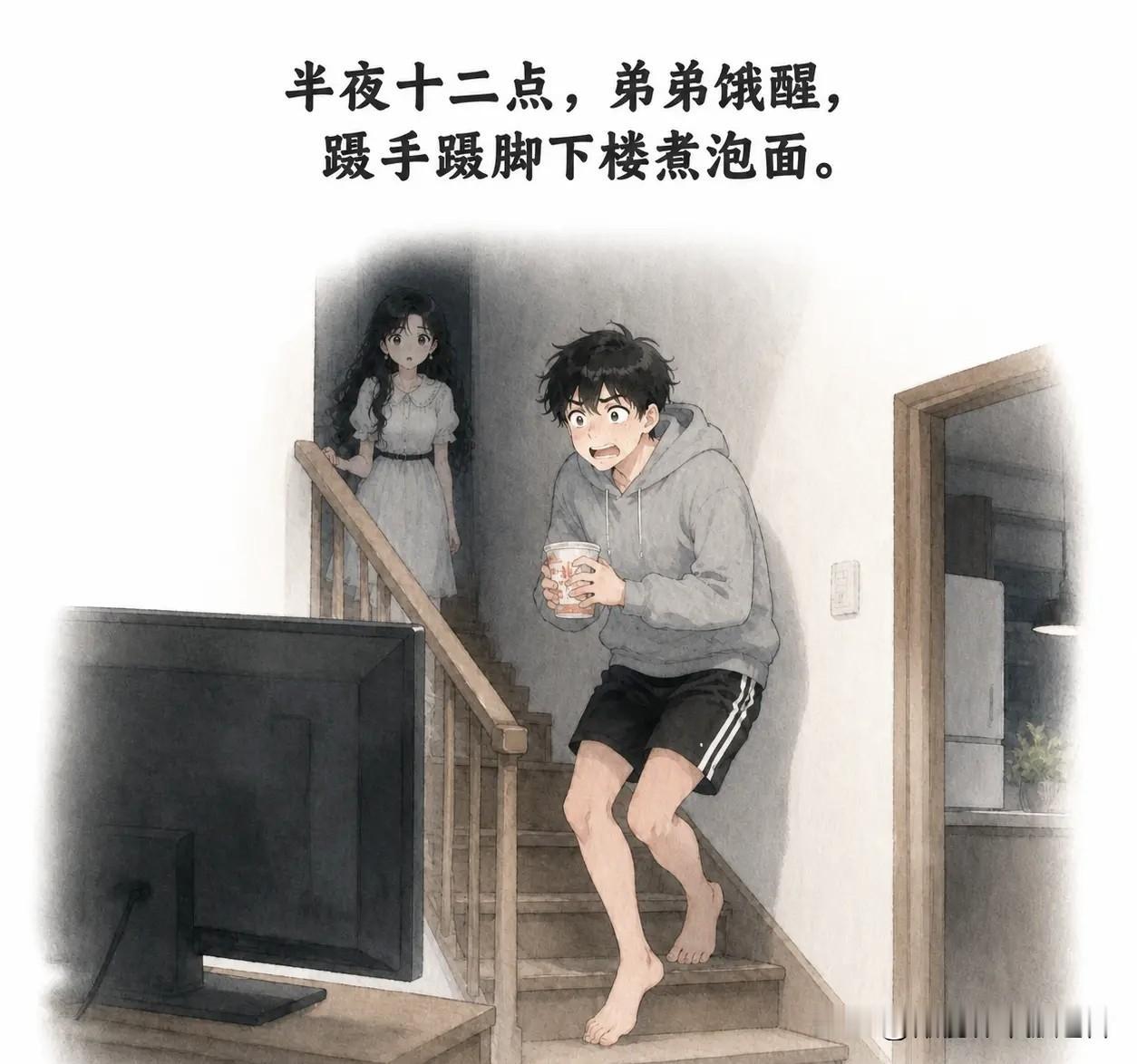 趣味漫画：：半夜十二点，弟弟饿醒，蹑手蹑脚下楼煮泡面。刚打开火，身后传来一个幽幽