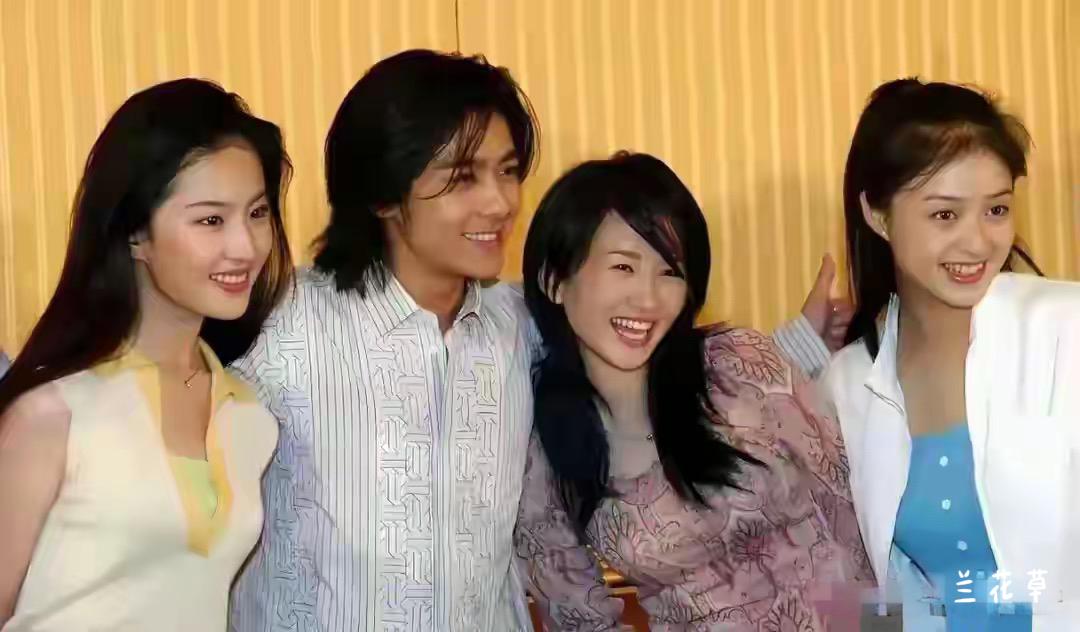 从左到右：刘亦菲、林志颖、杨蕊、蒋欣。这是2002版《天龙八部》的剧组合影呢。