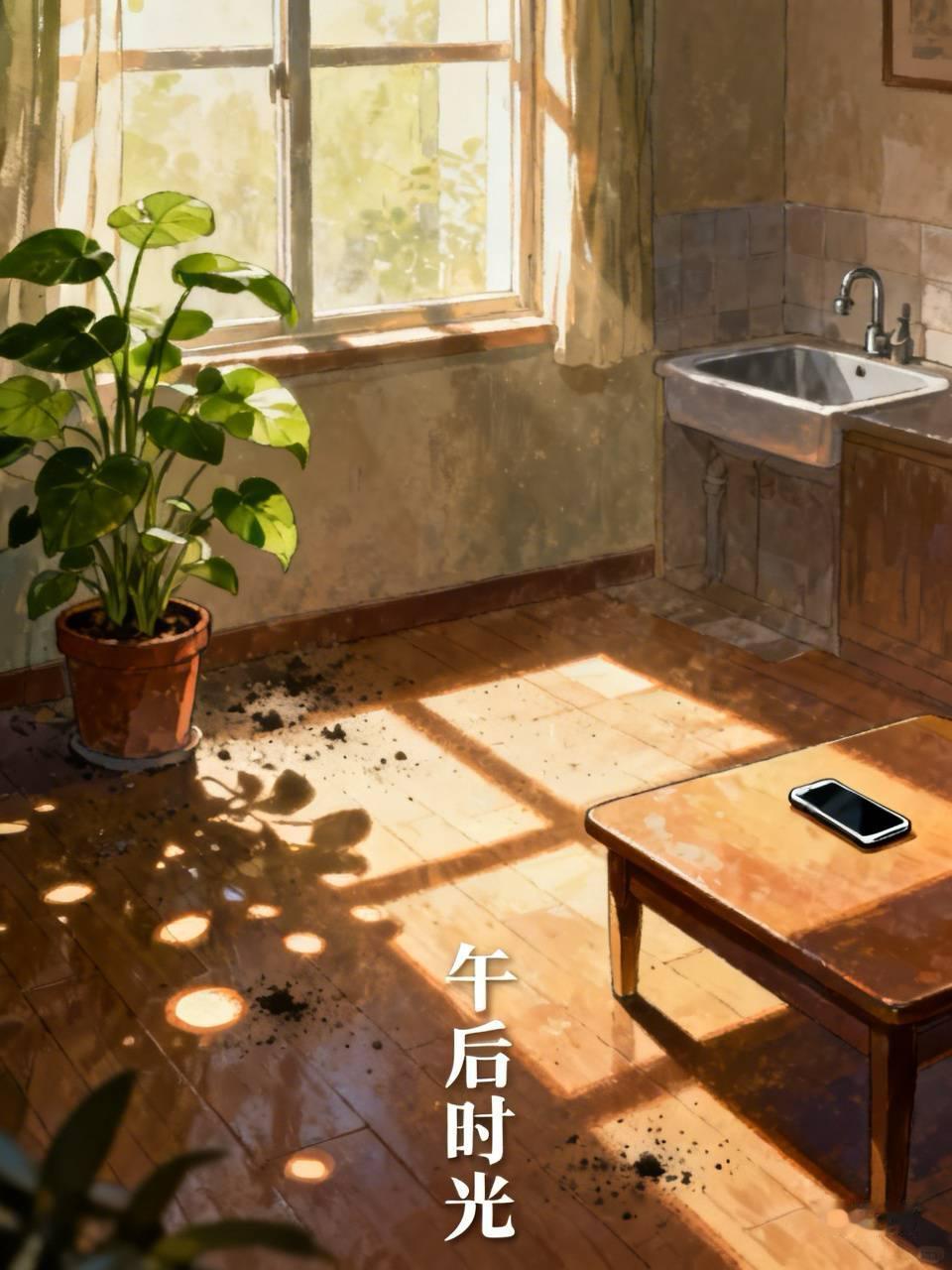 窗台那盆绿萝垂下来一缕，水珠还挂在叶尖上。下午三点的光斜斜地铺在木地板上，灰尘在