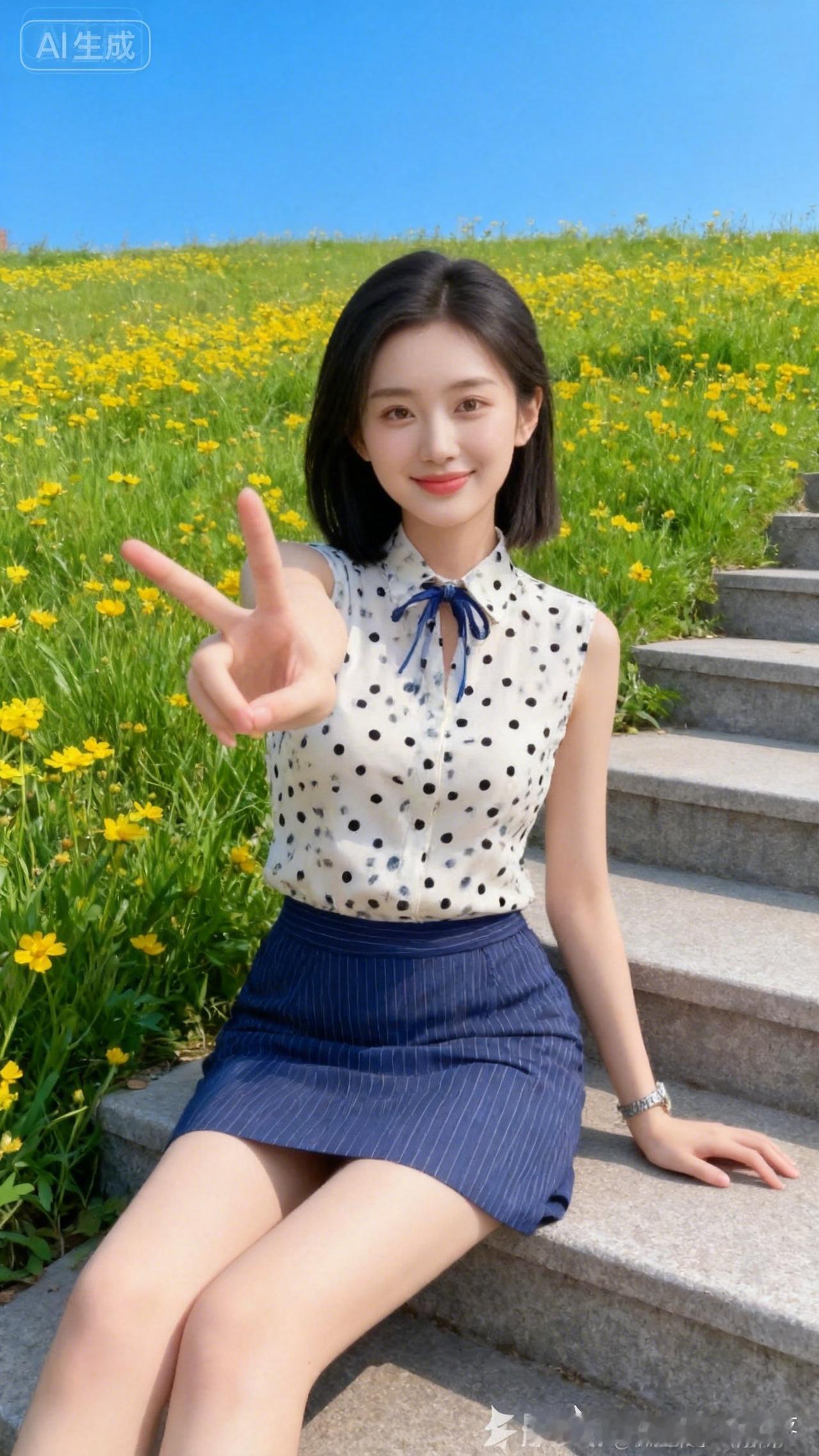 阳光明媚的春日，少女在花海中比出V字手势，元气满满！🌸🌼🌻