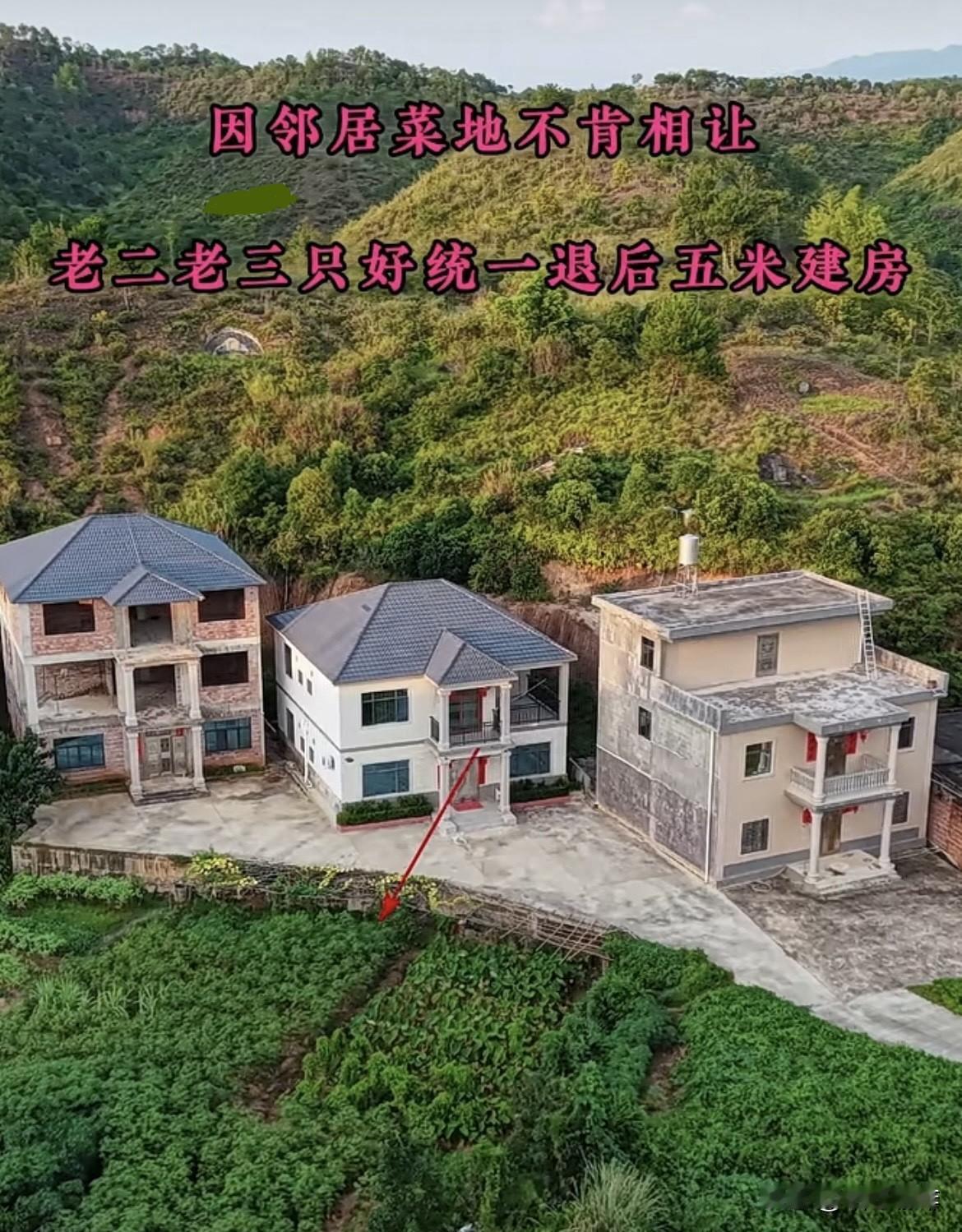 因邻居菜地不肯相让，老二老三只好统一退后五米建房🏠三栋房子不能并排建，