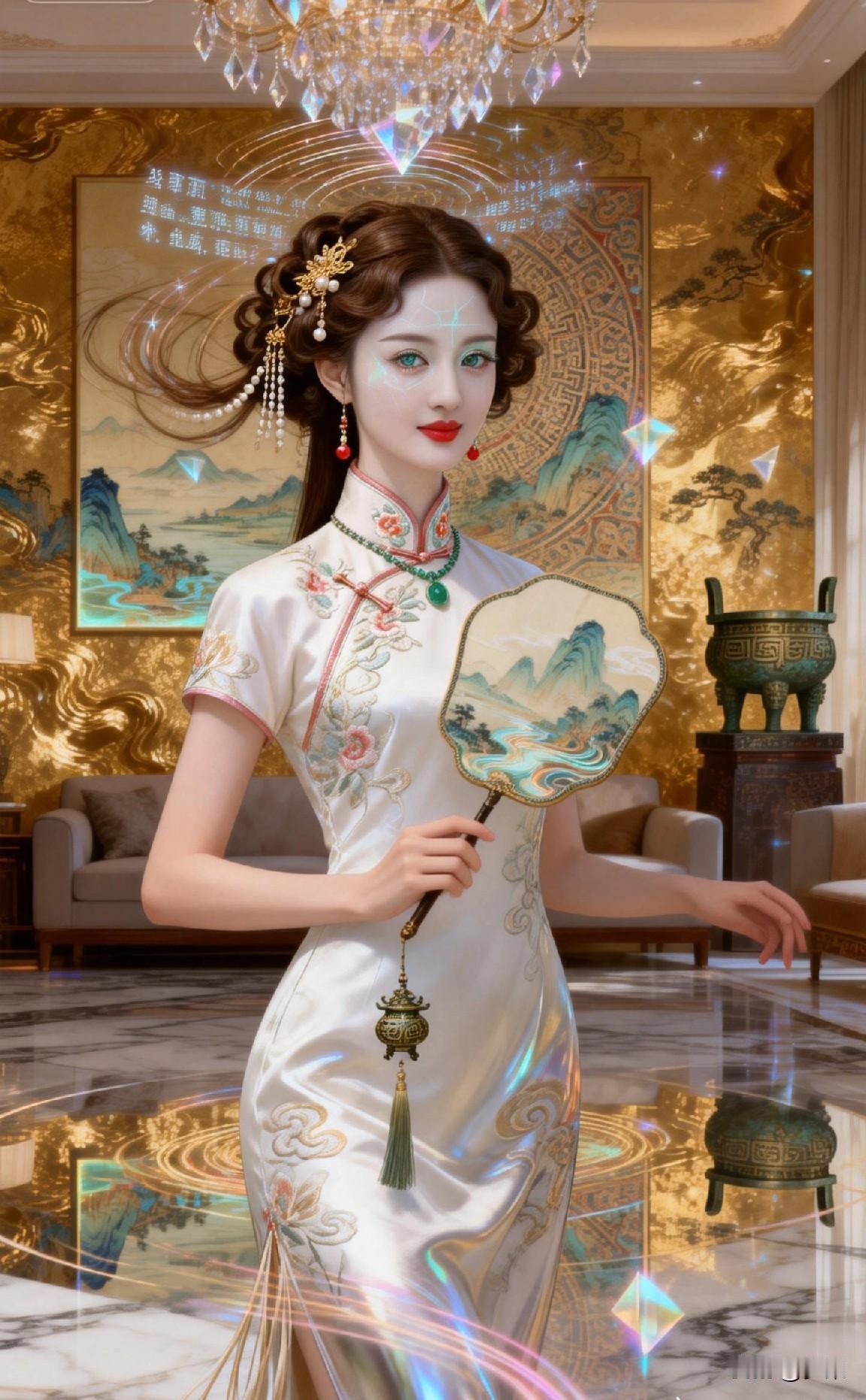 穿越时空的古典美人，手持团扇，尽显东方韵味。古典美少女玉扇美人