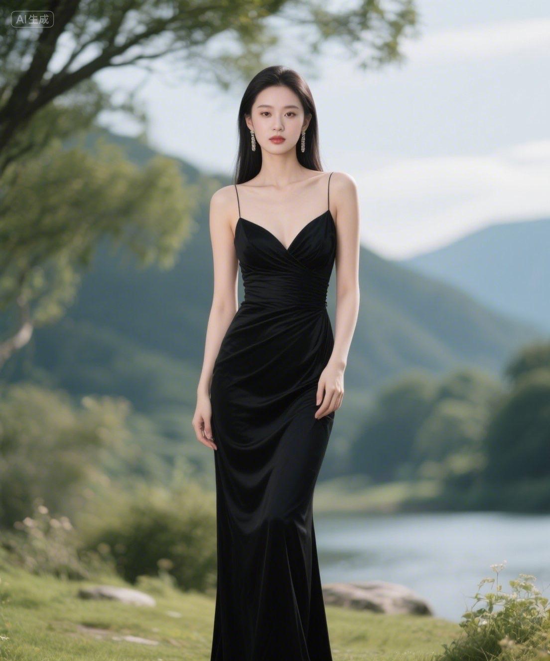 黑裙仙子，漫步山间，静享自然之美。