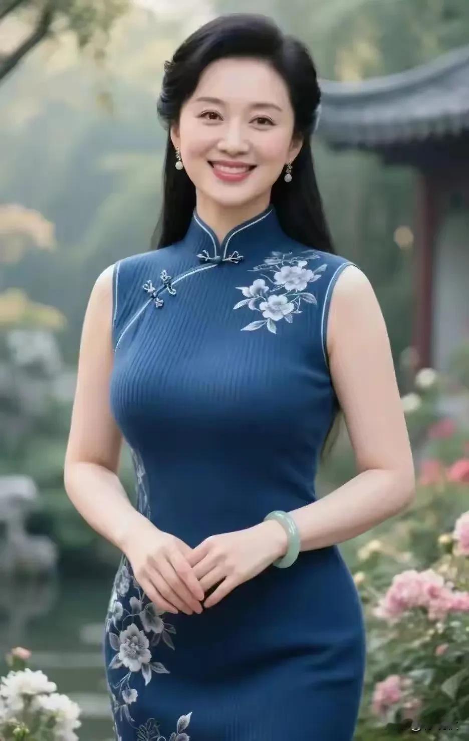 白色牡丹，蓝色针织东方旗袍，巧夺天工眉清目秀，美如冠玉，花容月貌，环肥燕瘦