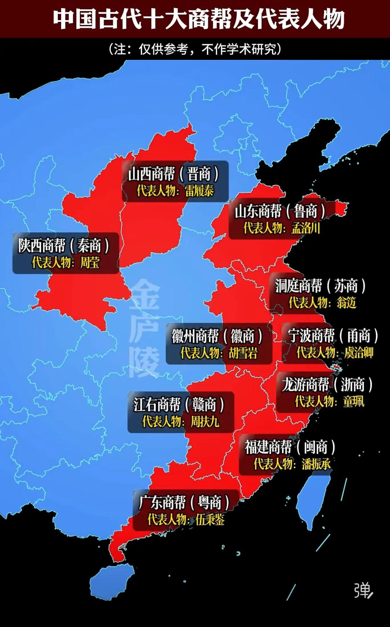 中国古代十大商帮以地域为核心分布，山西、陕西、山东商帮立足北方，依托陆路商贸与边