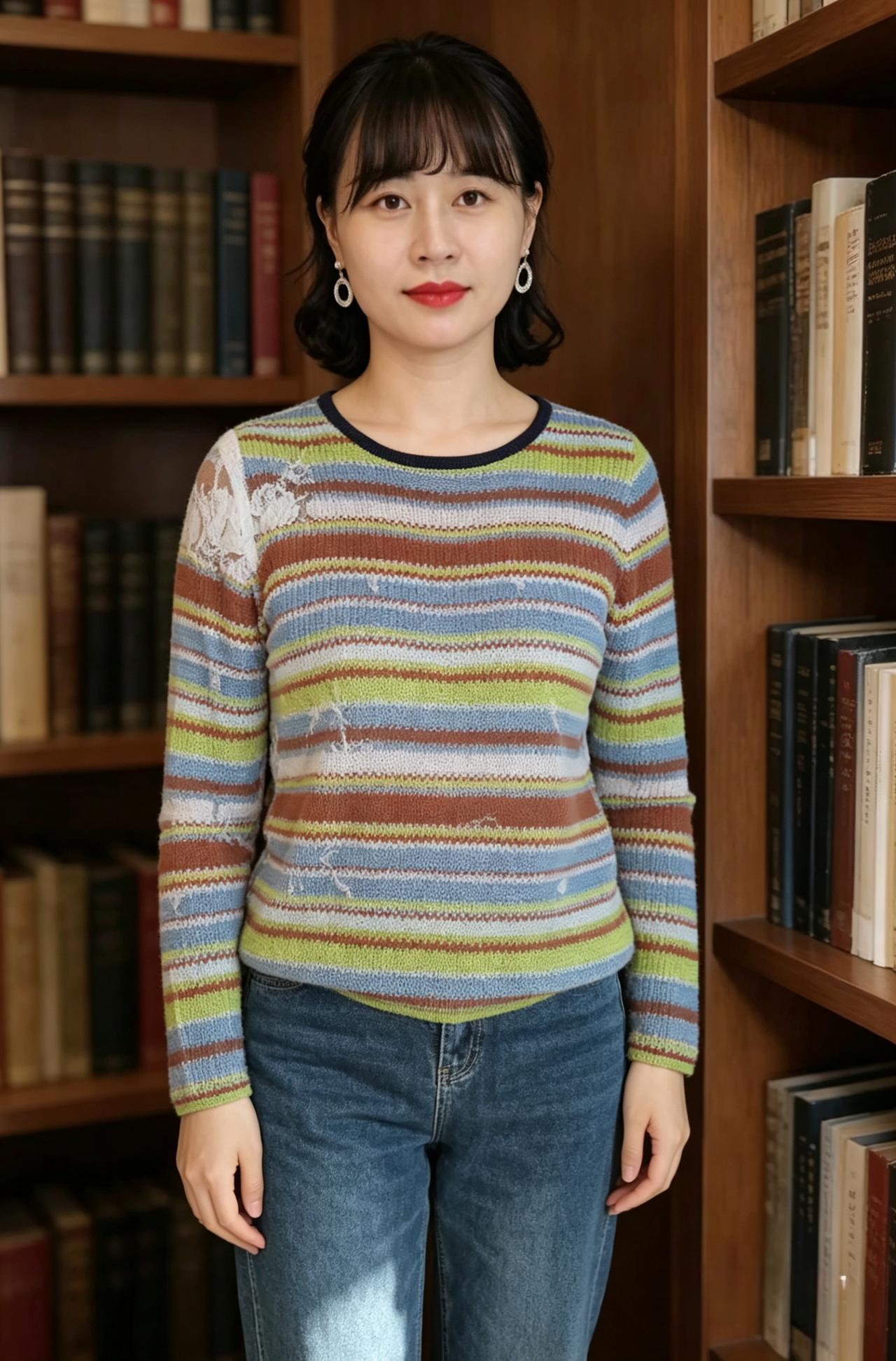 彩纹针织韵悠长，静立书斋自带香。眉眼端庄含雅致，一身温婉胜春芳。