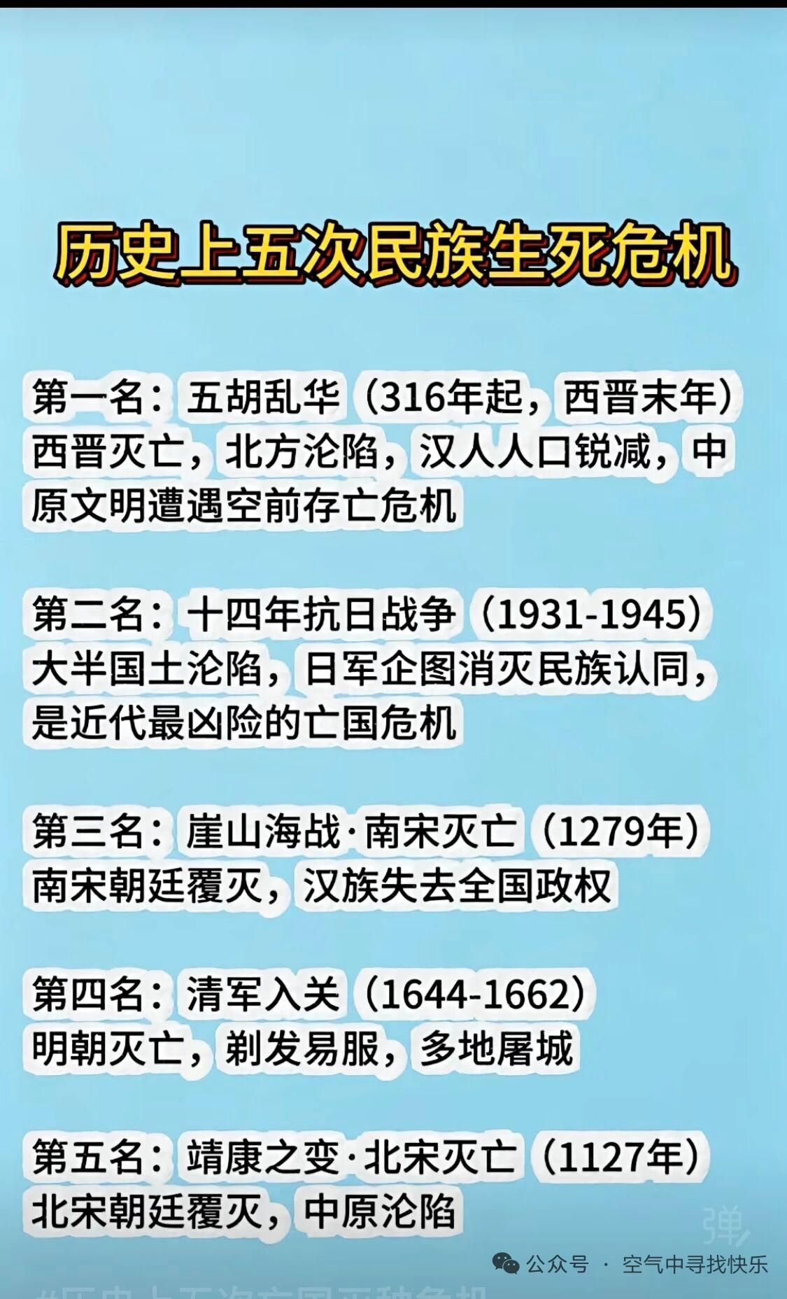 历史上中华民族经历过五次大危机。第一次是西周灭亡，犬戎攻破镐京，周平王被迫迁都