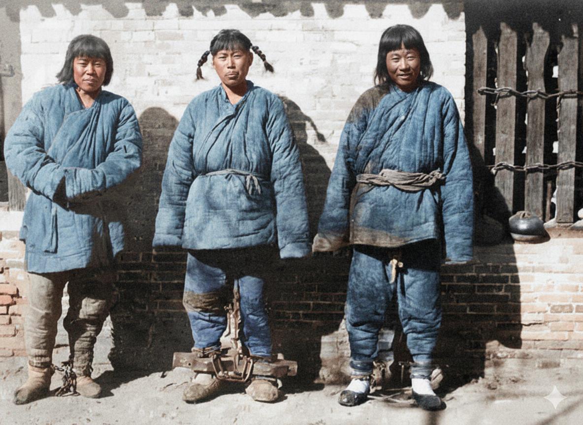 1900年前后，保定府监牢中，三名义和团拳民身戴沉重脚镣，身穿北方冬季厚棉衣裤，