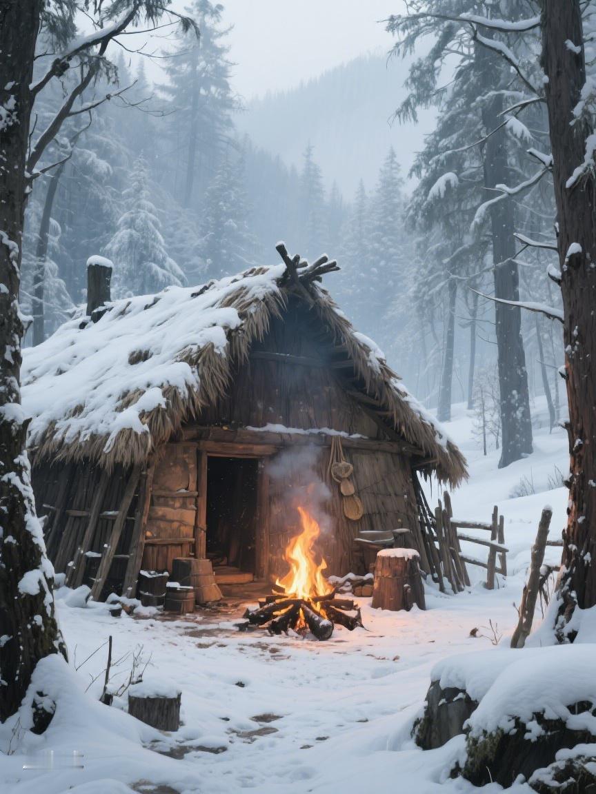 AI妙生图雪覆木屋，暖焰轻扬，在这静谧寒境，似能悟得岁月里的温暖与安宁🌨️