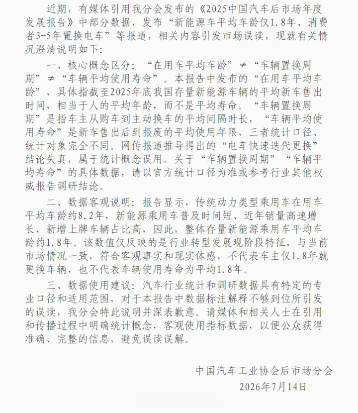 中汽协澄清: “新能源车平均车龄仅1.8年、消费者3-5年置换电车”为误读