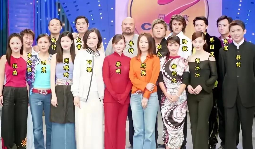 一群演员！蔡明和那英站在C位上，那个时候的那英身材也好，气质也好，橘色的上衣，蓝