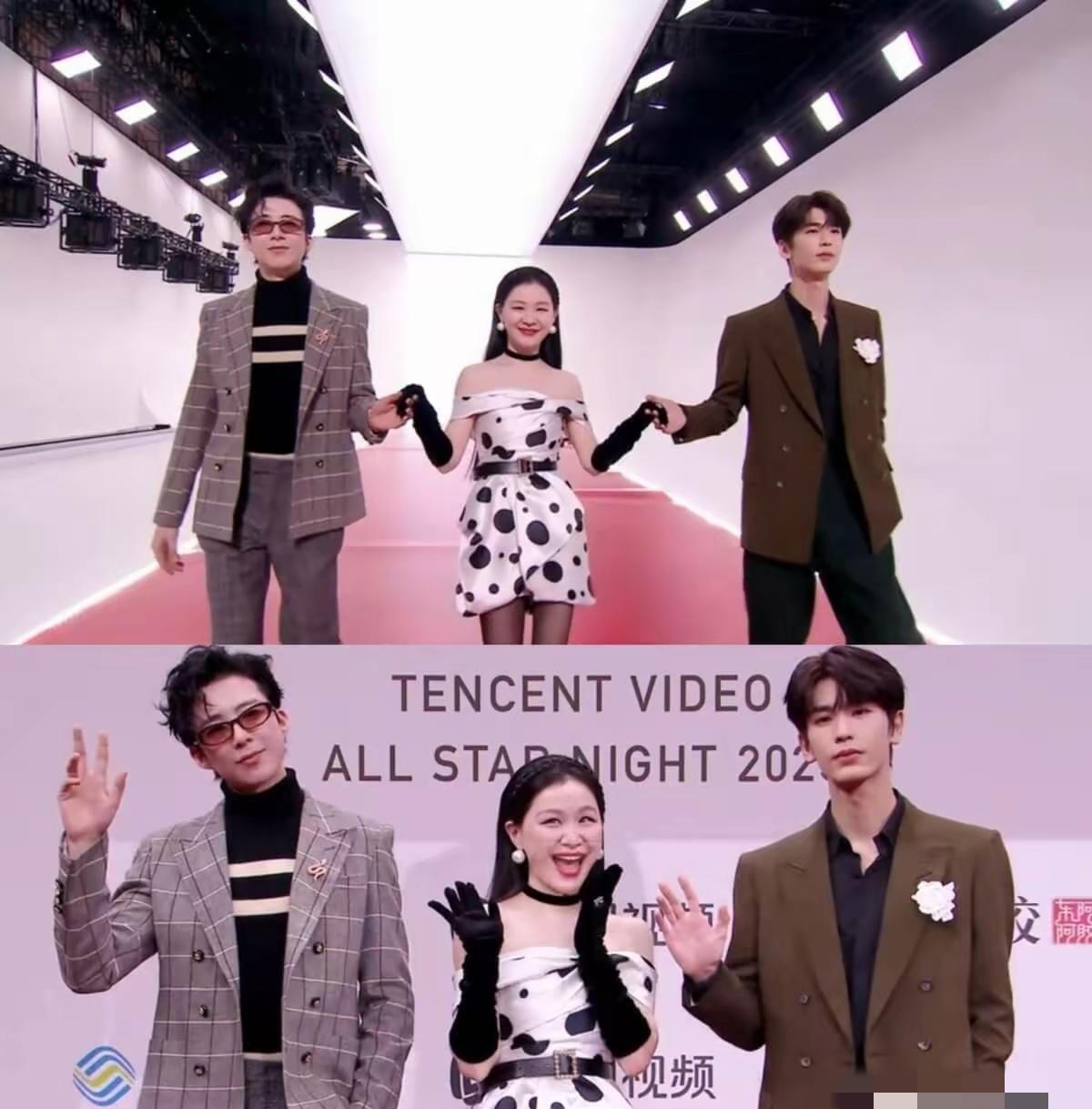 158cm的金靖左手牵190cm的刘宇宁，右手挽192cm的张凌赫。进场那刻