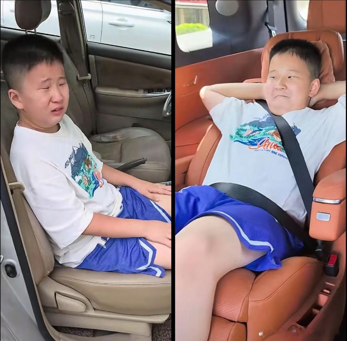 你看到图后认为的故事是：小孩坐一个老车上不开心的哭要爸爸买问界M8，爸爸买了问界