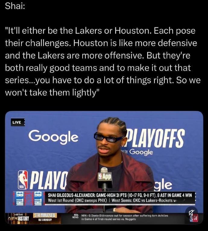 给面子！亚历山大评价湖人、火箭：“火箭偏防守，湖人偏进攻。”“两队都各有