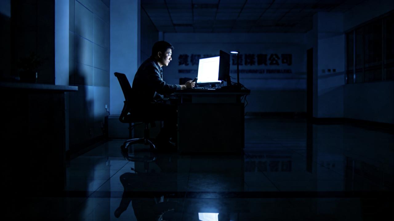 大半夜的，整个楼层只剩老周一个人还在改PPT。他顺手拍了张空荡荡的办公室照片发