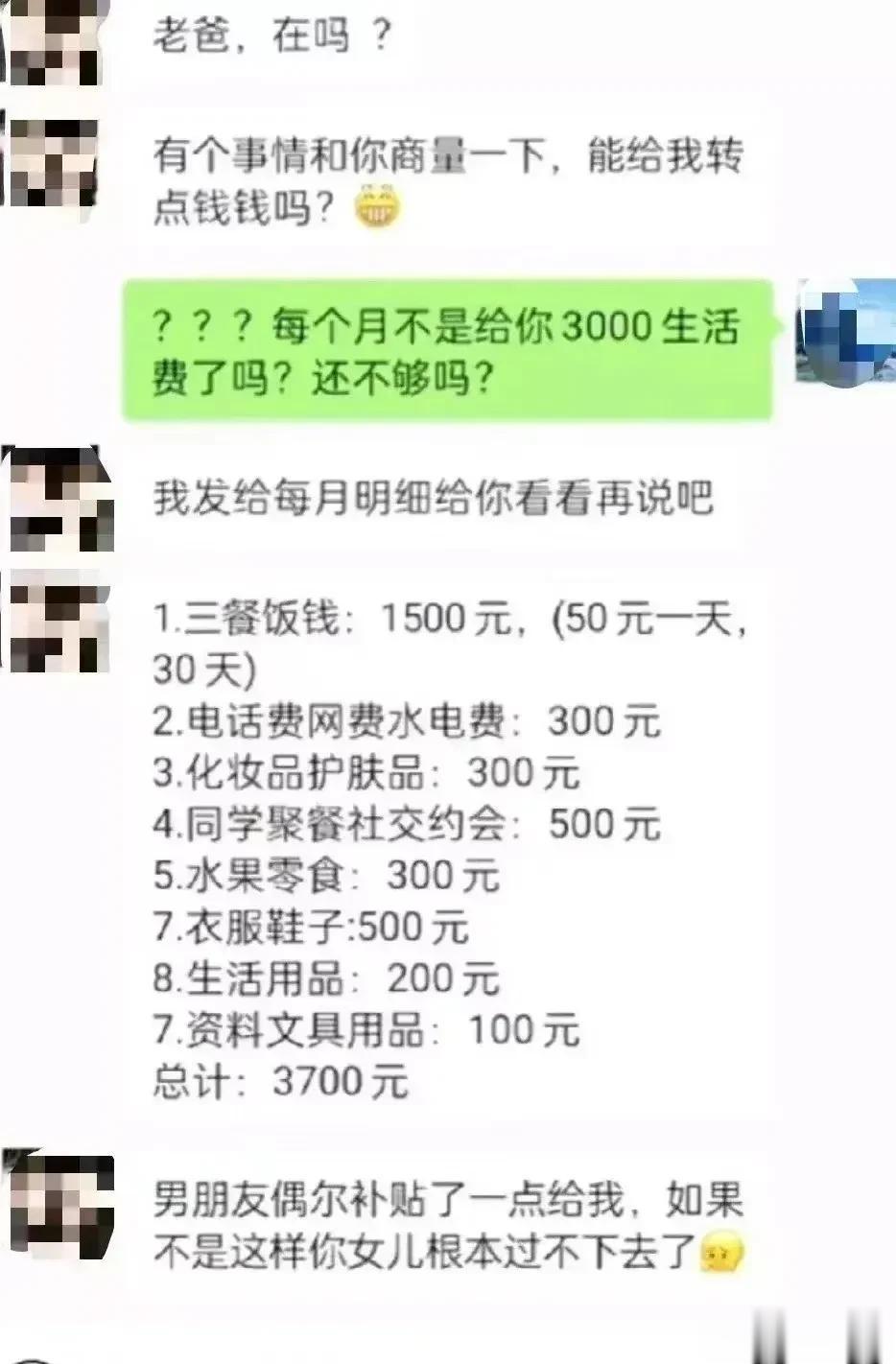 女大学生没有钱购买化妆品，向父亲要钱。父亲很吃惊，于是问：“我每个月不是给你3