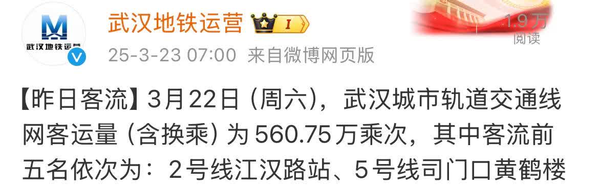 武汉最近地铁客流太牛了，差点超越成都，更是将重庆西安甩在身后，而在昨天，随着樱花