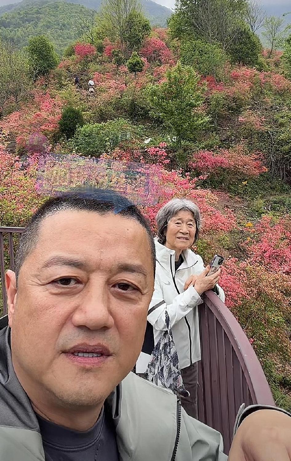 李亚鹏今天在安徽金寨县的一个景区直播，在一个观景台看杜鹃花的时候，正好李亚鹏的母