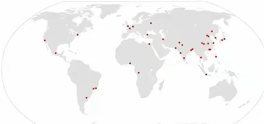 全球超千万人口的超大城市分布地图。从地图上看，人口超过千万的超大城市主要位于亚洲