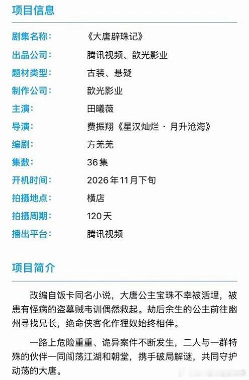 🍉《大唐辟珠记》腾讯古装悬疑剧《大唐辟珠记》主演：田曦薇，导演：费振翔计划20