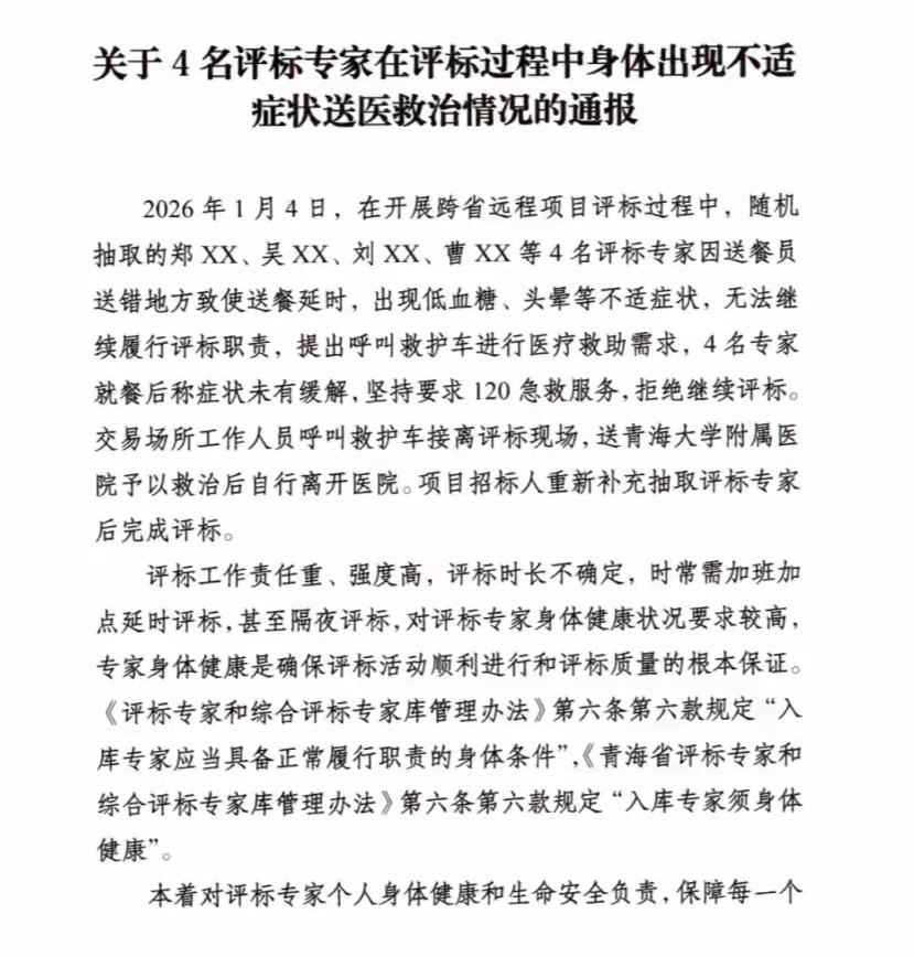 4名评标专家栽了跟头。1月4日他们参与项目评标，送餐延时成了导火索。几个人陆续出