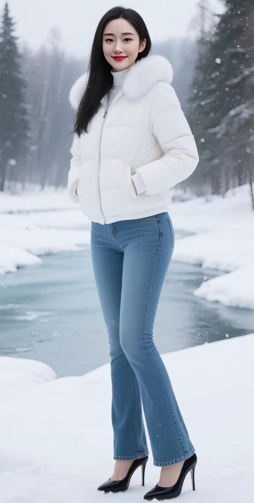 冬日生活打卡季冬日雪景下的时尚穿搭，白色羽绒服搭配蓝色牛仔裤和高跟鞋，尽显优雅
