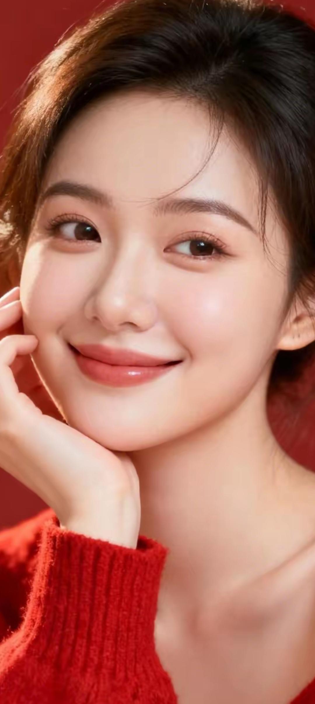 温柔甜美的笑容，红色毛衣的温暖，冬日里的温暖时光。🌟💖