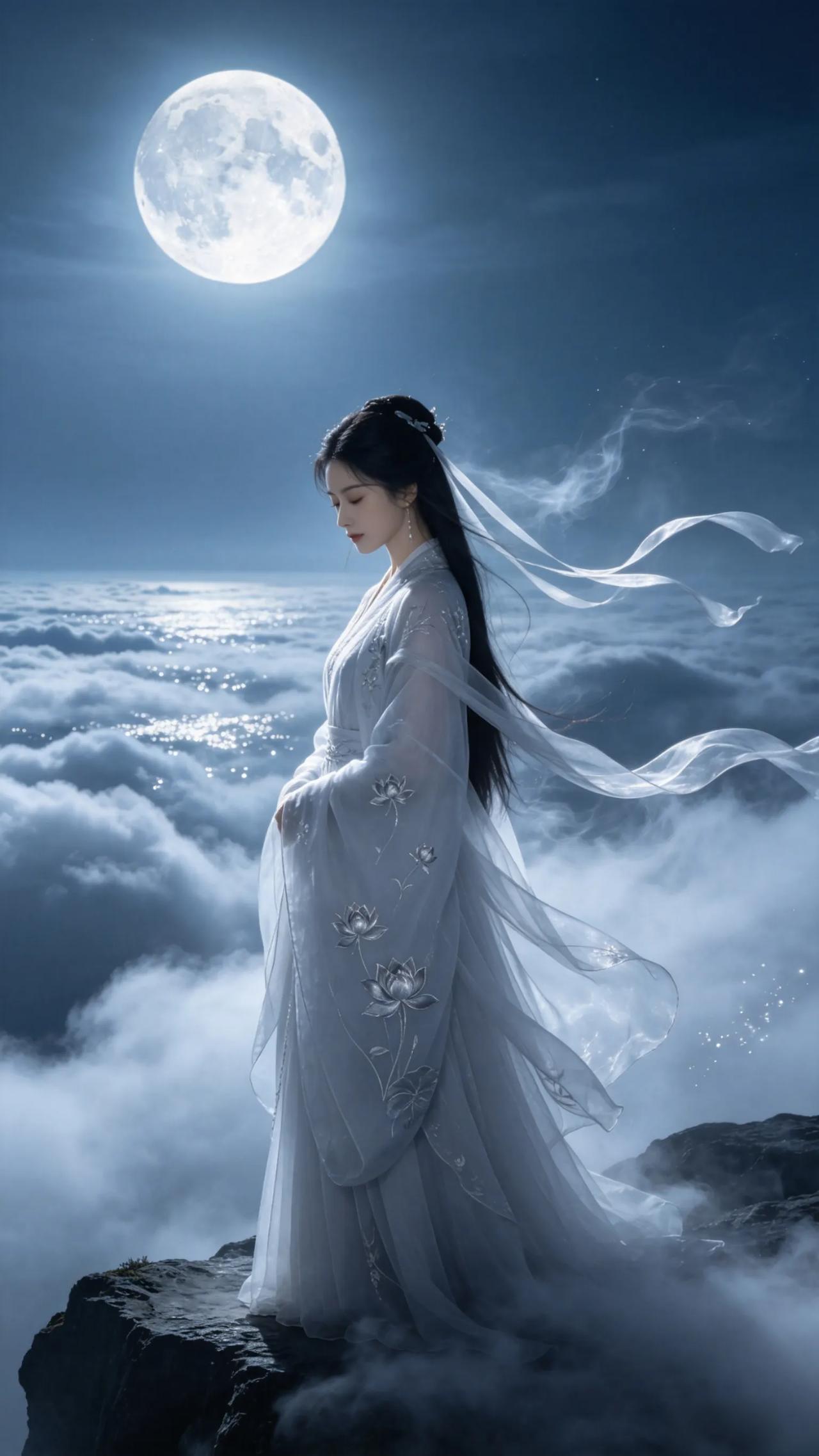 仙气飘飘的白衣神女，AI画出了我心中的仙侠白月光。月满中天万象幽，冰绡风
