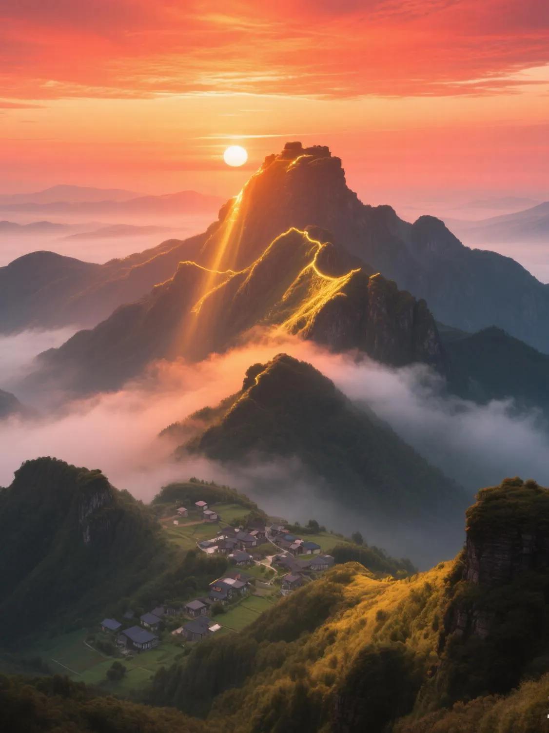 夕阳初照，云海翻腾，山峦叠翠，世外桃源。绝美山顶风景