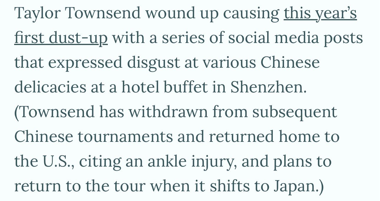 汤森德由于脚踝受伤，退出了全部中国赛季的赛事。可能也因为这个原因，汤森德的固定双