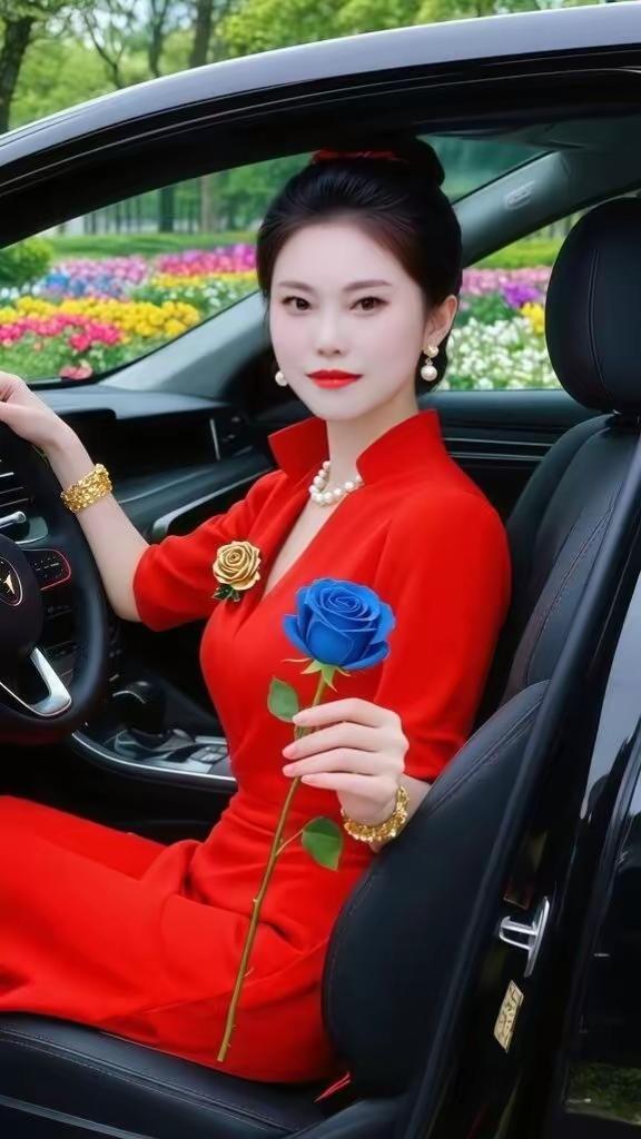 身穿旗袍贵，只手拿玫瑰。一坐豪华车，单位去开会。