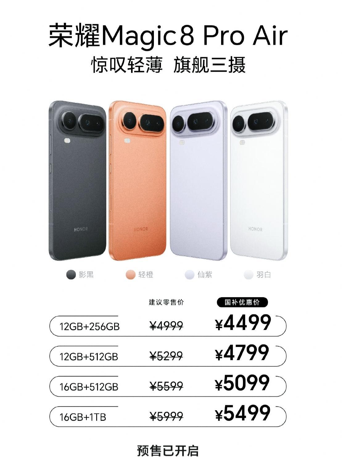 当荣耀magic8proAir价格公布后，整个市场炸锅了，国补后才4499起