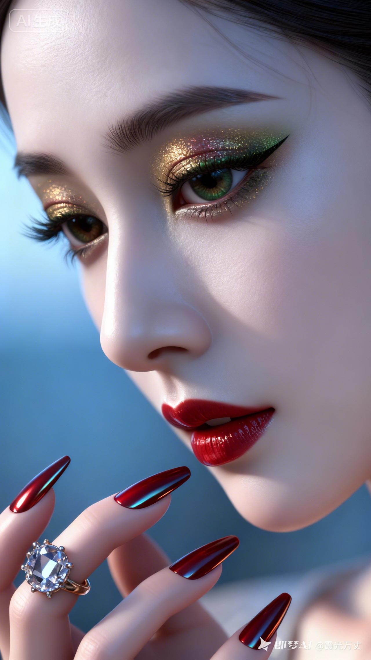 梦幻妆容，红唇与金眼影的完美搭配，尽显优雅与魅力。