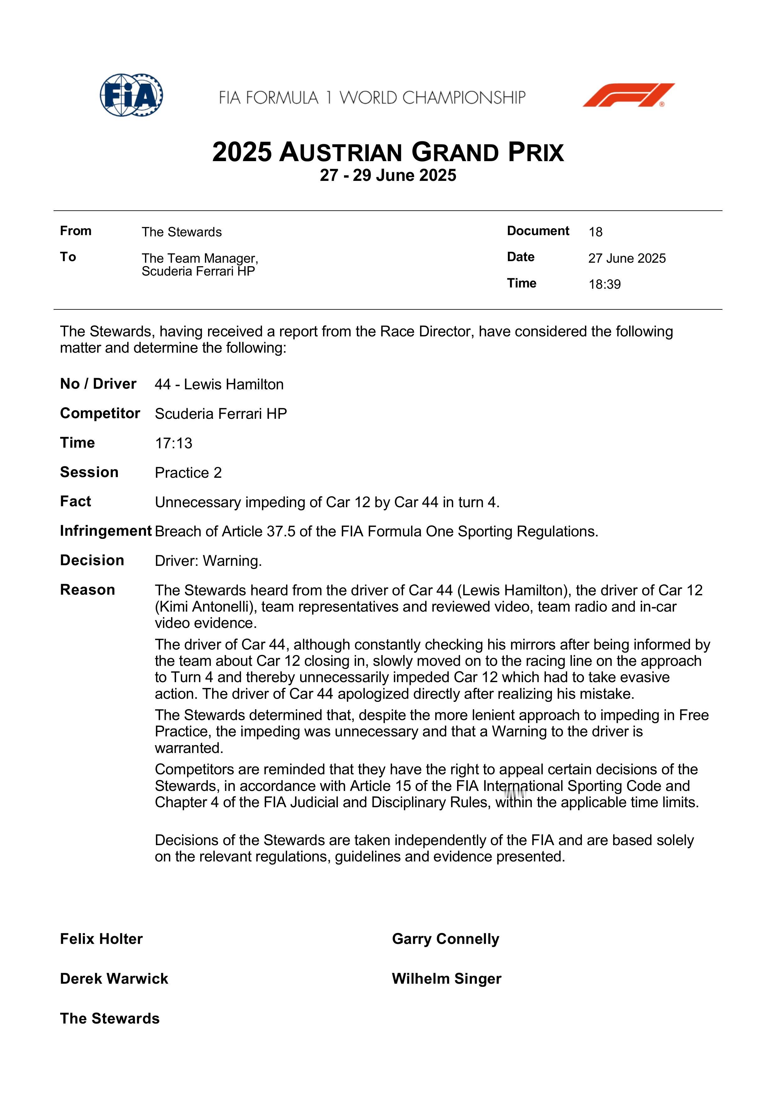汉密尔顿因为FP2阻挡安东内利，被赛会警告一次F12025F1奥地利大奖赛​​