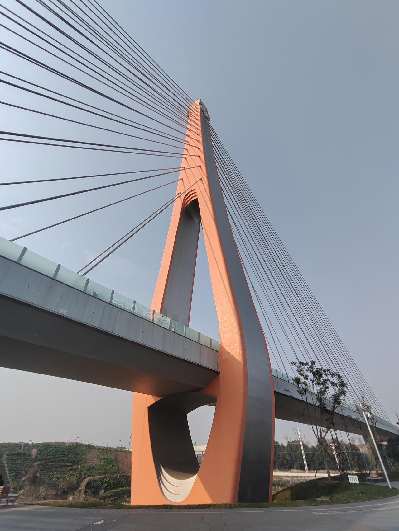 现代感十足的成都锦城湖橙色斜拉桥与蓝天白云相映成趣，从高空看，它像巨龙横跨，橙色