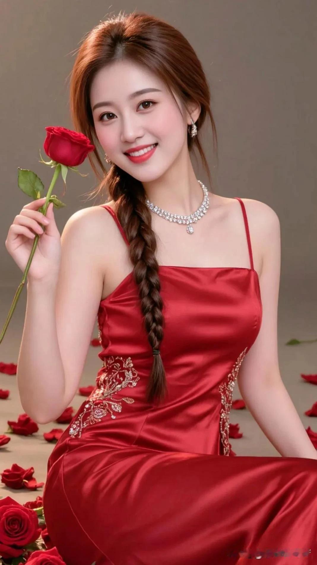 红裙轻曳映娇容，金绣流光盼相逢。手捧玫瑰凝眸望，眼波流转意千重。精心妆扮