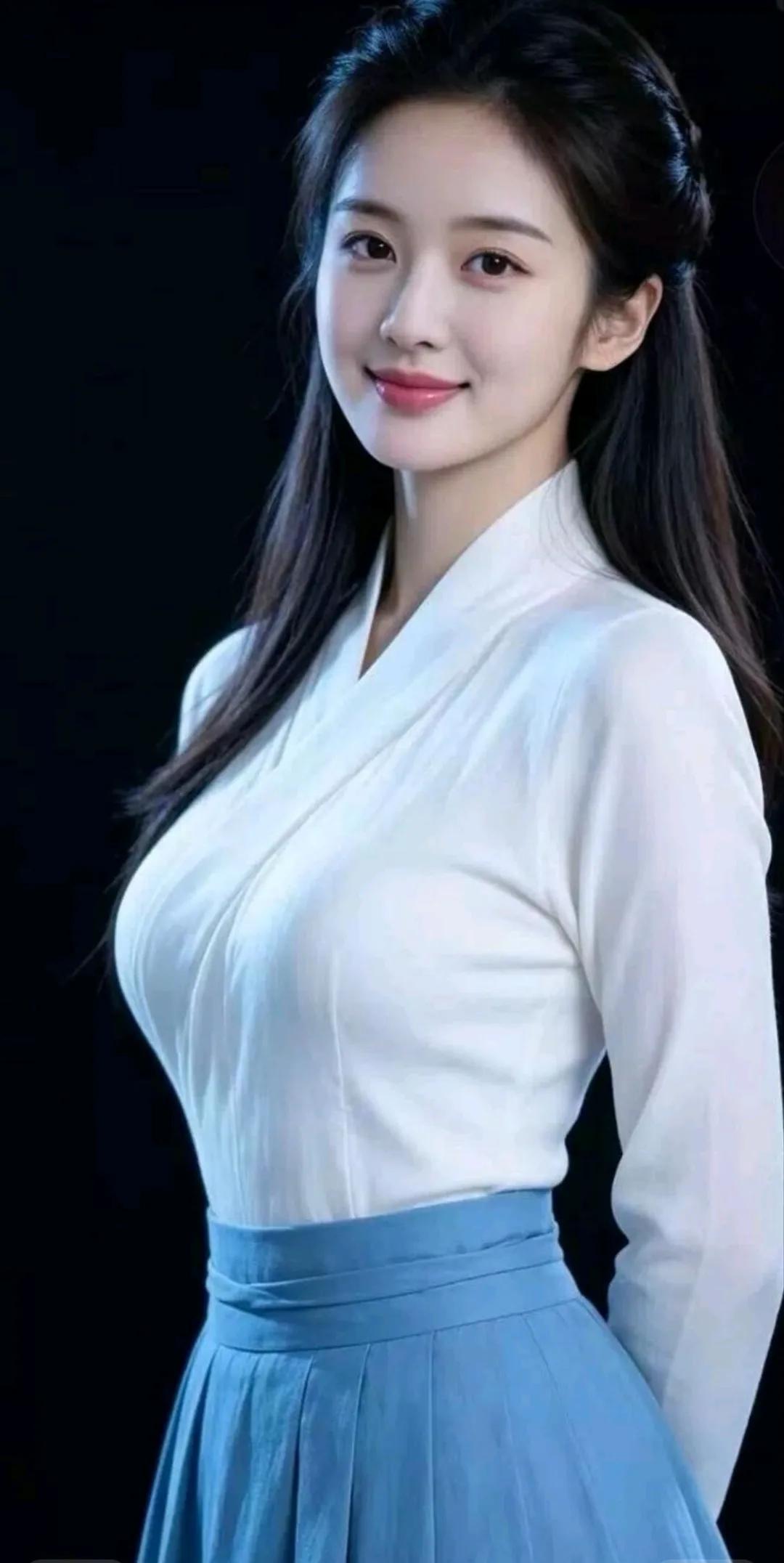 素雅白上衣搭配浅蓝古风襦裙，温婉清秀，一身简约汉服尽显东方古典柔情。汉服衬衫穿