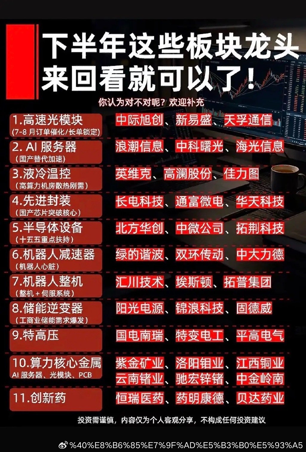 下半年投资指南：11大板块龙头股，快来收藏！下半年投资机会来了，给大家分享11大