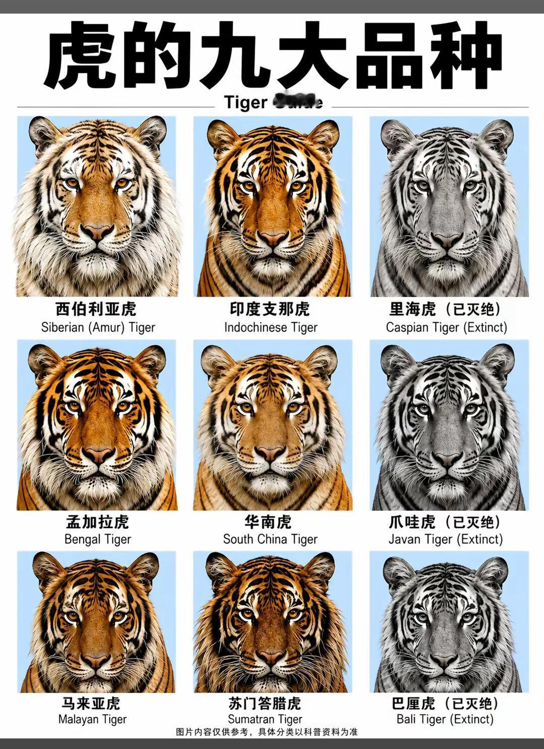 世界九大老虎品种，现在只剩下6种了！现存六种大老虎在体型、皮毛密度、头骨