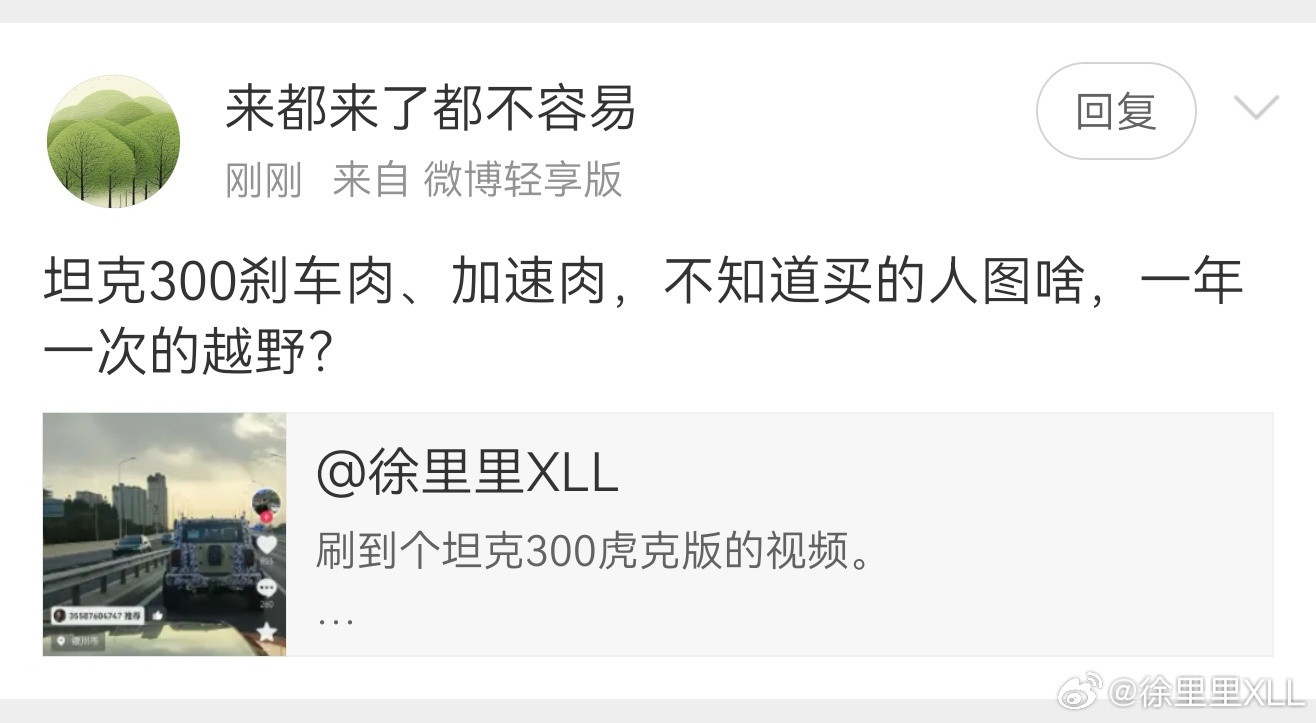 这种就是典型的不了解硬派越野。刹车肉？坦克300是刻意调校的刹车初段比较温和，这