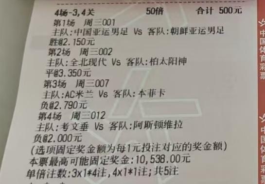 这位朋友500元的彩票，精准的猜到了米兰主场输给本菲卡，没想到阴沟翻船，和大奖擦