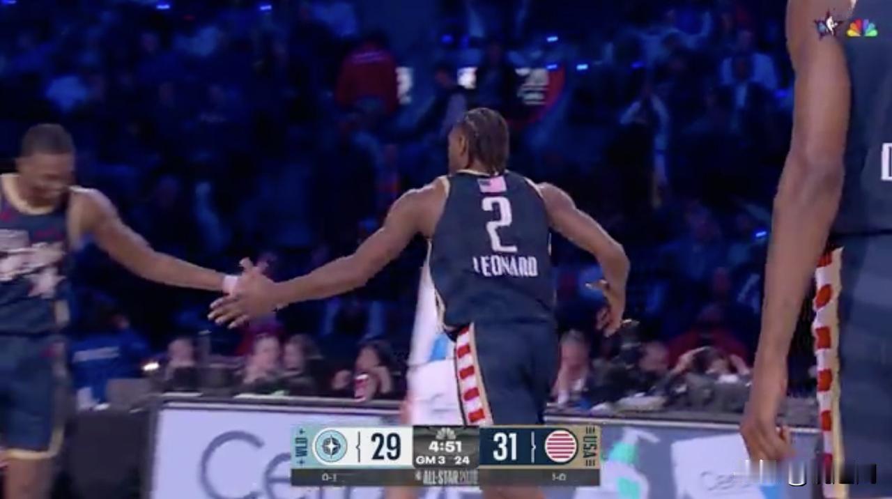 伦纳德明星赛战神卡降临！伦纳德第二战目前投篮7中7，三分5中5，爆砍19分！