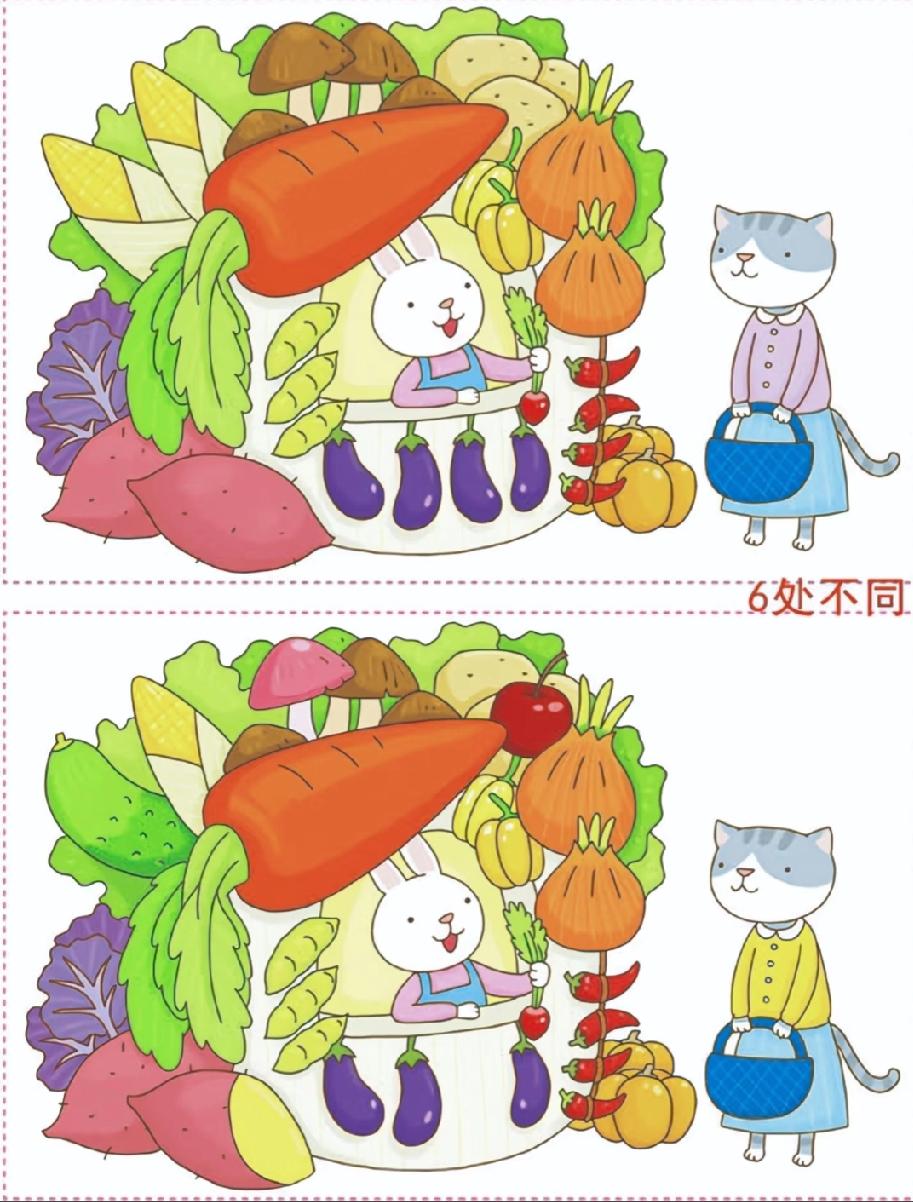 谁能找齐这6处不同？兔子和猫咪的蔬菜摊，我找了3分钟才发现2处，评论区等大神带飞