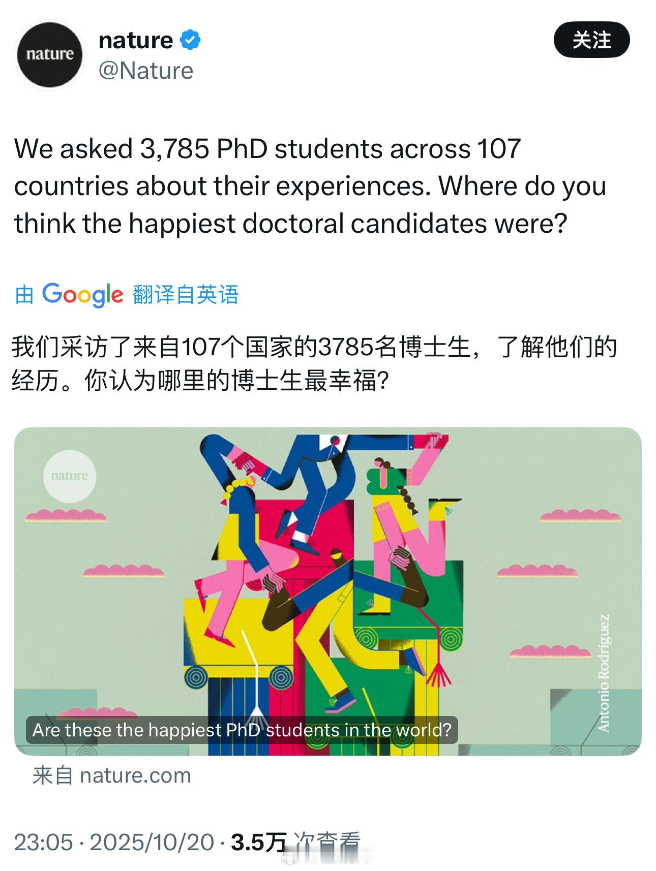 Nature进行了一次关于全世界博士生“你幸福吗？”的研究。样本数为3785。按