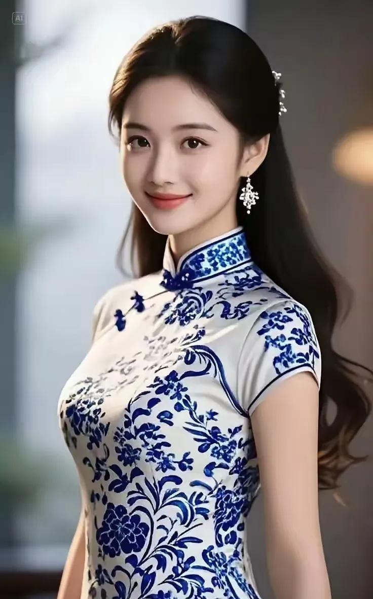 青花旗袍韵青花裁体韵如珍，绾发素颜岁月温。月魄襟花添雅意，旗袍不语醉乾坤