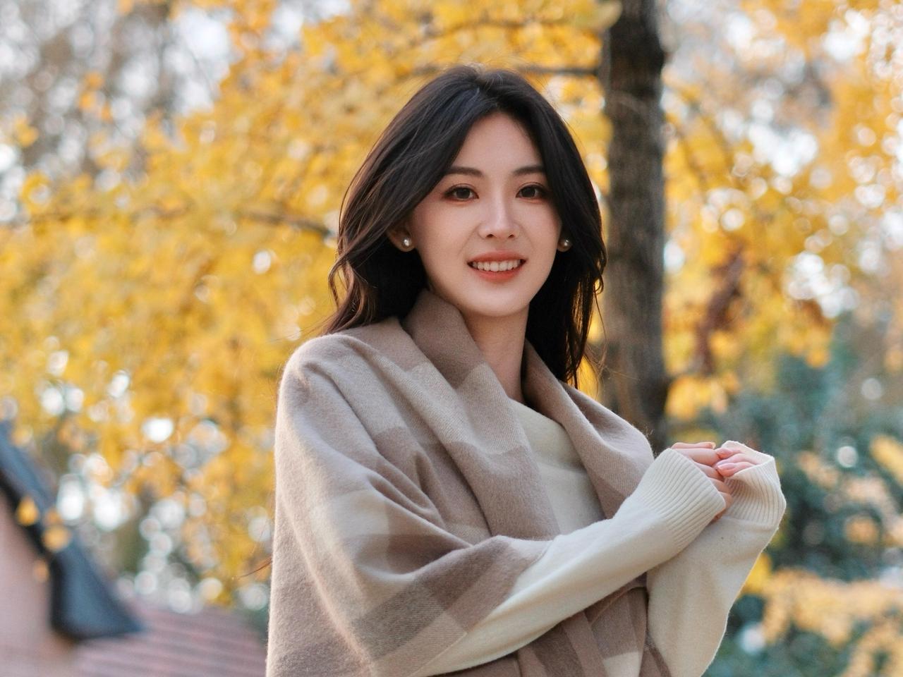 鹧鸪天·银杏晚风金叶摇风覆浅霜，一襟软暖拥秋光。素裳漫惹阶前色，浅褐披巾