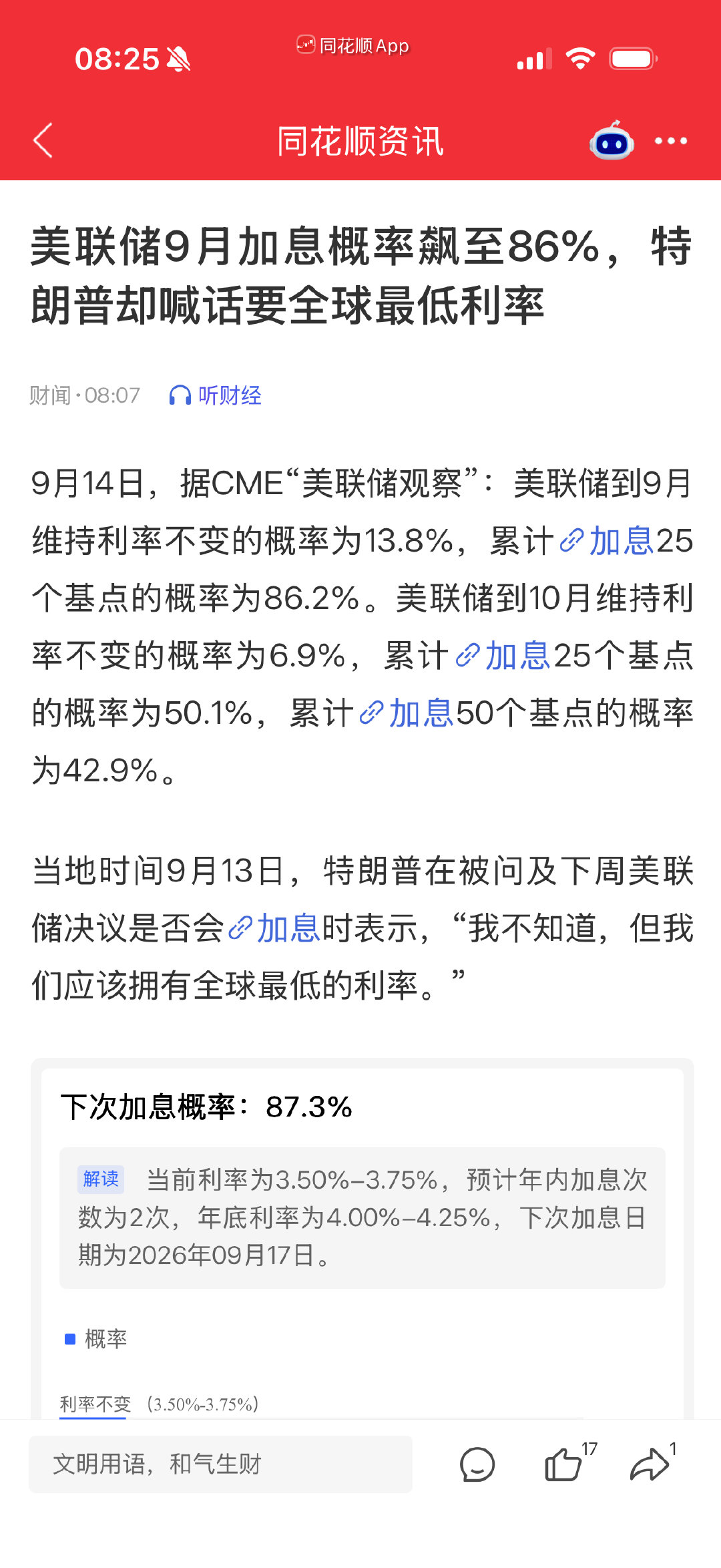 美联储到9月维持利率不变的概率为13.8%，累计加息25个基点的概率为86.2%。都在喊加息！​