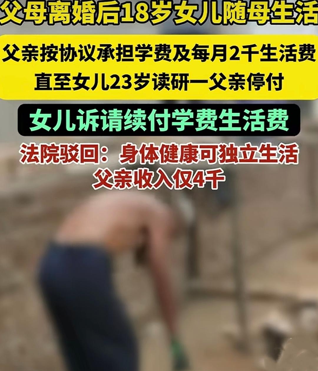 两口子离婚，18岁已成年的女儿跟着妈妈生活，父亲则承担女儿大学时期的学费及每月2