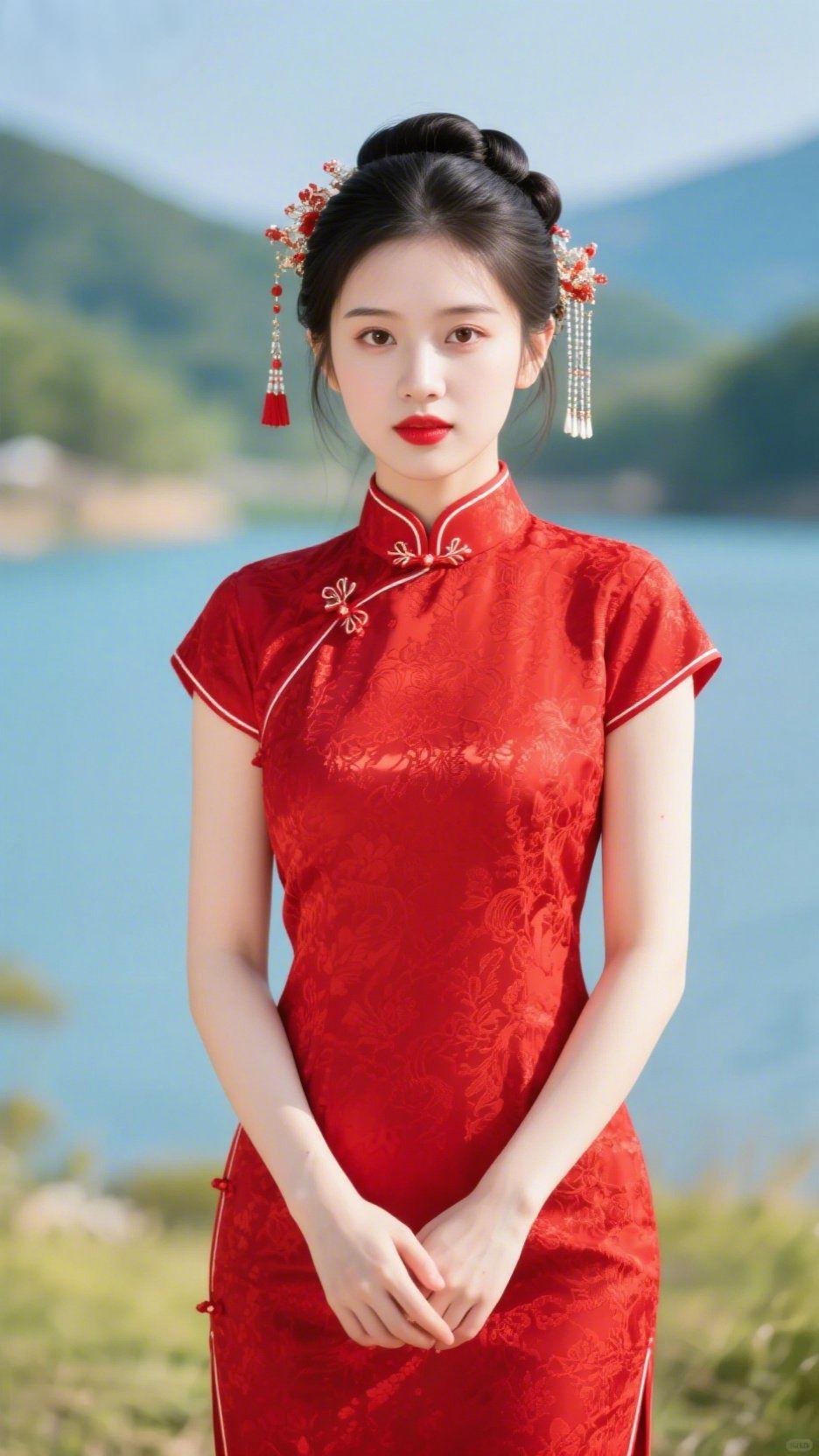 湖山畔的红襟雅光风掠过湖岸软浪，她立在晴光里，正红旗袍晕开舒展的温婉。发间