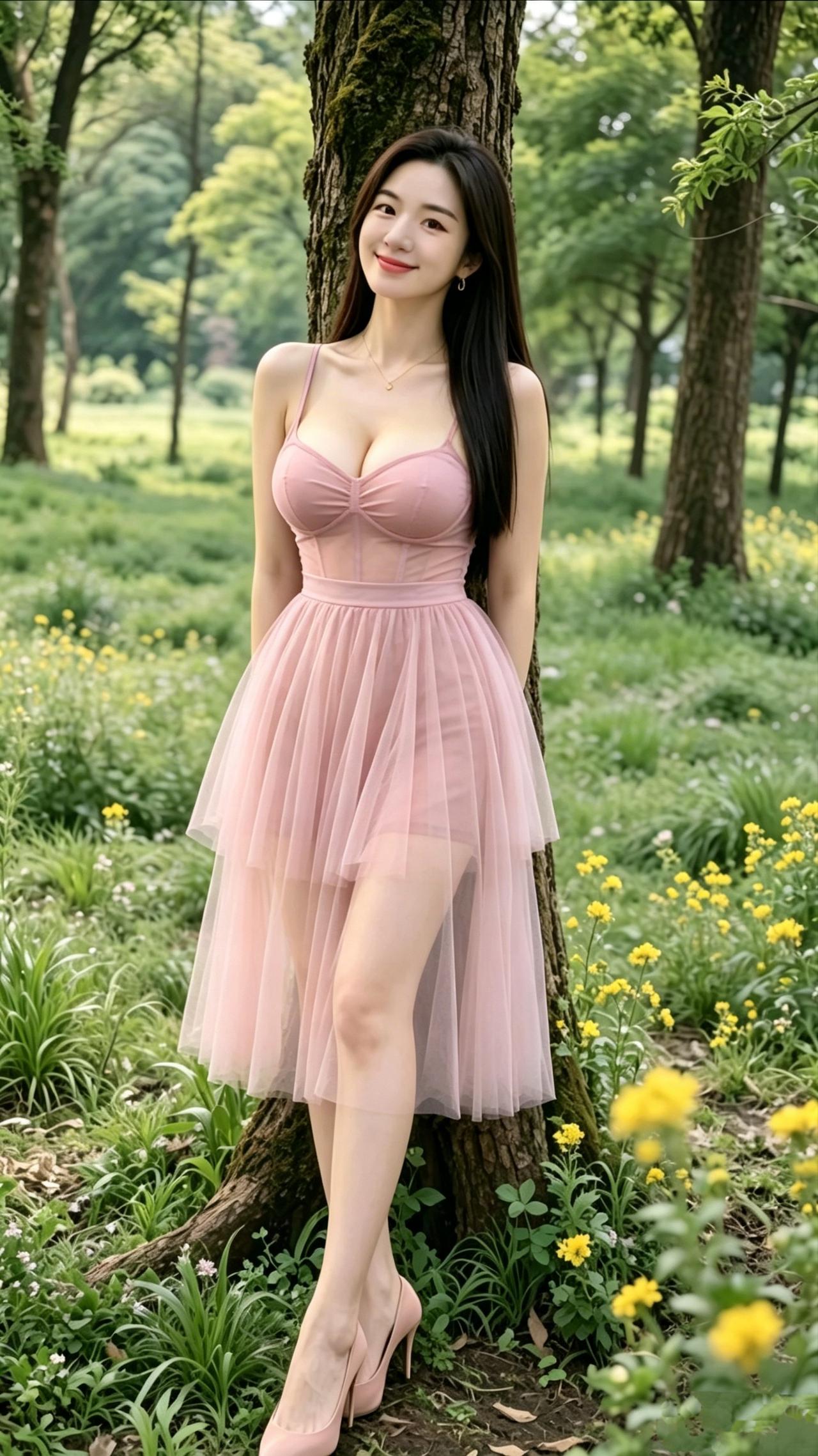 《林间粉纱》翠林漫染清柔绿意，碎黄野花漫生阶前。一袭烟粉纱裙轻扬，吊带衬